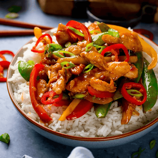 ASIAN CHICKEN STIR FRY WITH WHITE RICE & MIXED VEGETABLES
