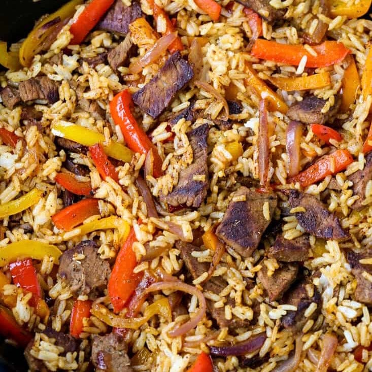 STEAK & PEPPERS WITH RICE